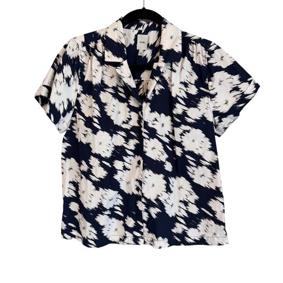 ICHI Button Up Shirt Women 36 US L Blue Floral Cotton Short Sleeve Office Preppy - Picture 1 of 5